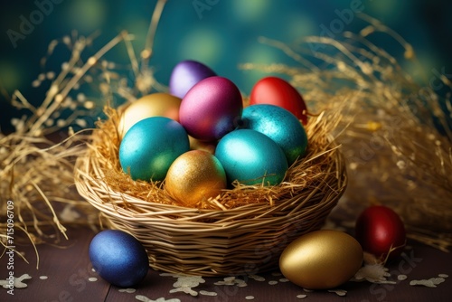  a basket filled with colorful eggs sitting on top of a table next to a pile of gold and blue eggs.