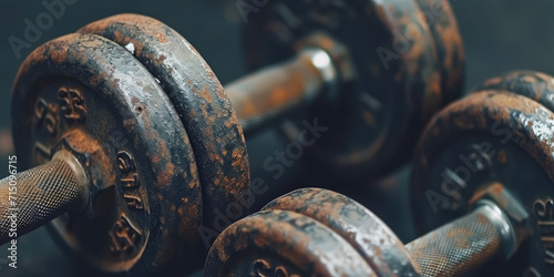 Close-up of old metal dumbbell with a textured grip on a simple background, fitness and strength training concept, banner backdrop.