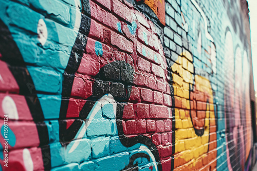 Close-up of colorful graffiti on a brick wall. Urban texture background for creative design use. Street art and vibrant colors concept. 