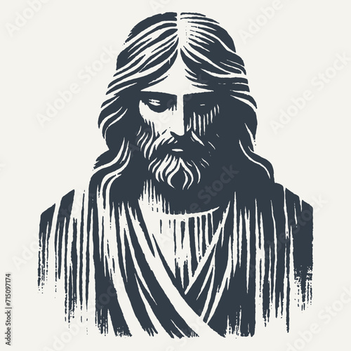 Ilustration of Jesus Christ. Vintage block print style vector illustration with grunge effect.