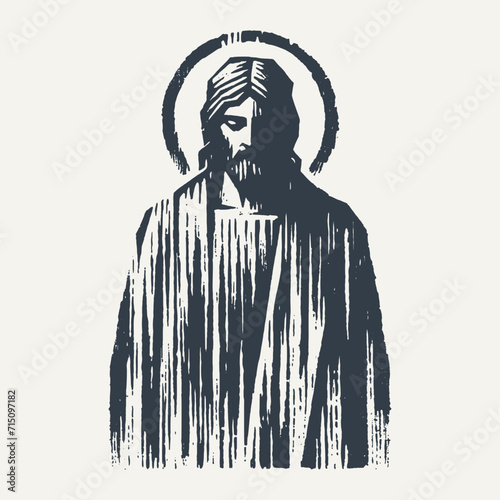 Ilustration of Jesus Christ with halo. Vintage block print style vector illustration with grunge effect.