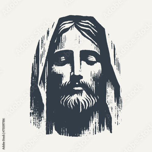 Ilustration of Jesus Christ hooded portrait. Vintage block print style vector illustration with grunge effect.