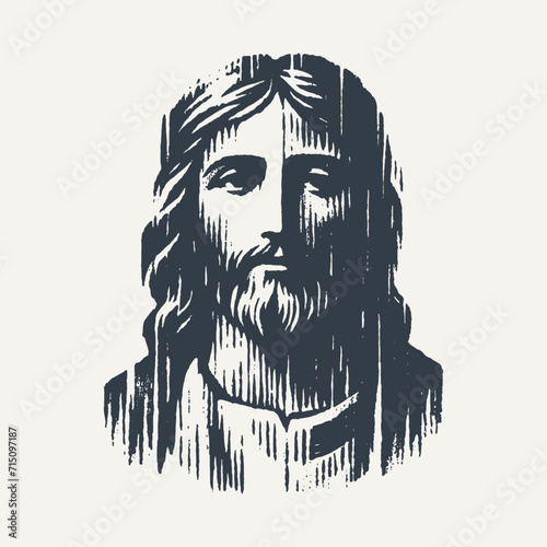 Ilustration of Jesus Christ. Vintage block print style vector illustration with grunge effect.
