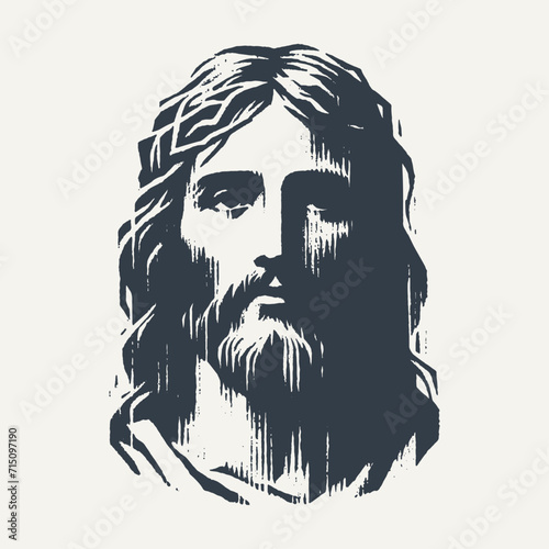 Ilustration of Jesus Christ. Vintage block print style vector illustration with grunge effect.