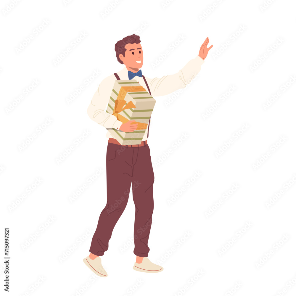 Elegant guy cartoon character waving hand while carrying gift box isolated on white background Elegant guy cartoon character waving hand while carrying gift box isolated on white background