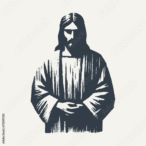 Ilustration of Jesus Christ wearing tunic. Vintage block print style vector illustration with grunge effect.
