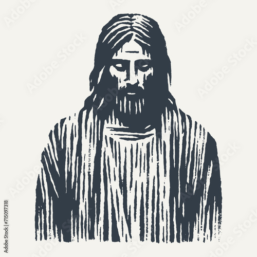 Ilustration of Jesus Christ. Vintage block print style vector illustration with grunge effect.