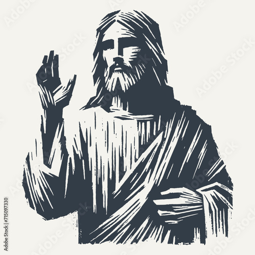 Ilustration of Jesus Christ Blessing. Vintage block print style vector illustration with grunge effect.