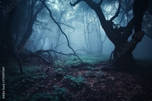 Mysterious enchanted woodland at night with misty atmosphere. Generative AI