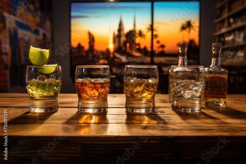  a wooden table topped with three glasses filled with different types of drinks and a lime slice on top of the glasses.