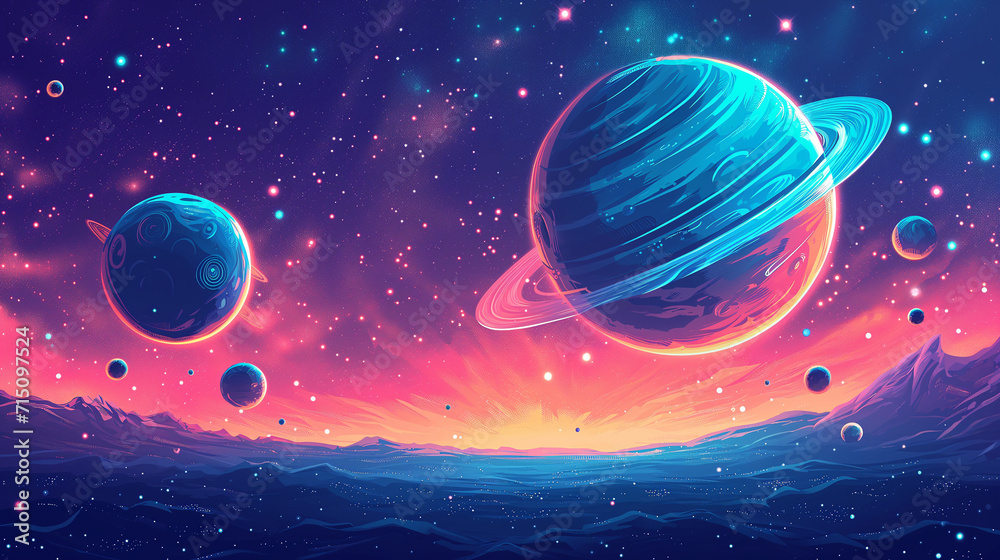 Fototapeta premium Doodles of space including planets, stars and other celestial bodies.