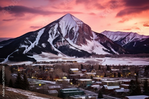  a view of a town in the mountains with a snow covered mountain in the background and a sunset in the foreground.