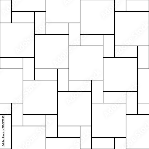 Brick seamless pattern. Repeating black square isolated on white background. Reticulate outline block. Parquet textur. Paving prints. Repeated grid. Simple reticulated graphic. Vector illustration photo