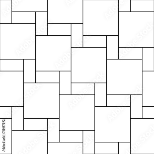 Brick seamless pattern. Repeating black square isolated on white background. Reticulate outline block. Parquet textur. Paving prints. Repeated grid. Simple reticulated graphic. Vector illustration