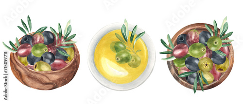 Fototapeta Naklejka Na Ścianę i Meble -  Olives and olive branches in wooden bowl and plate with olive oil. Top and side view. Green, black and red fruits watercolor hand drawn botanical illustration isolated on white background. Can be used