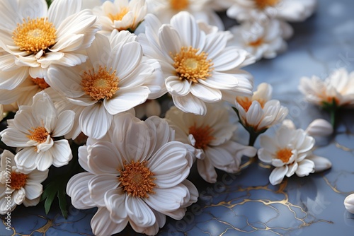  a bunch of white flowers sitting on top of a blue and gold table cloth with gold foiling on it. © Nadia