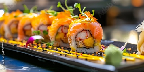 A close-up of a beautifully plated vegan sushi roll with avocado, cucumber, and other plant-based ingredients. Concept of cruelty-free sushi. Generative Ai.