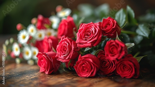 Red roses flowers on old wooden background with place for text. Romantic Valentines holidays concept