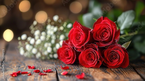 Red roses flowers on old wooden background with place for text. Romantic Valentines holidays concept