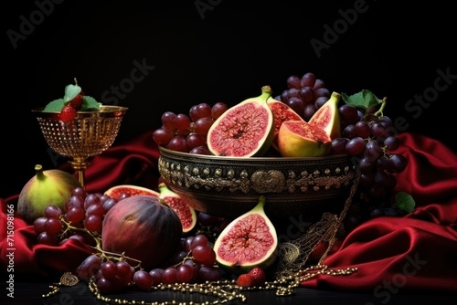  a bowl filled with lots of fruit next to a metal bowl filled with grapes and a figurine on top of a red cloth.