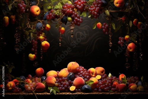  a bunch of fruit sitting on top of a table next to a bunch of fruit on top of a table.