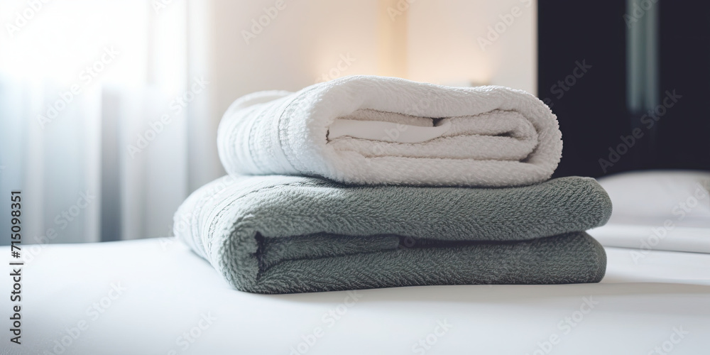 Clean, fresh towels adorn hotel room bed. Clean, fresh towels adorn hotel room bed.