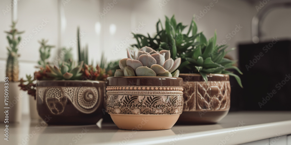 Ceramic decorative flower pots on a table in a cozy room.