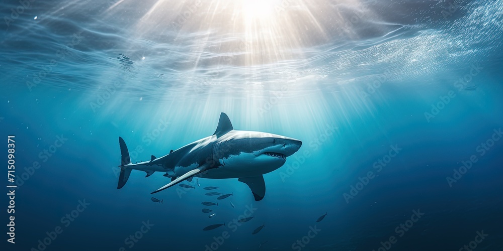 Fototapeta premium big white shark swimming and hunting in the ocean water near the surface