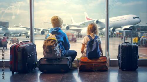 Children sit on their suitcases at the train station in front of a large window overlooking planes boarding, waiting for their parents to board their flight to begin their vacation travel. photo