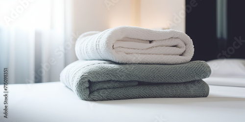 Clean, fresh towels adorn hotel room bed.
