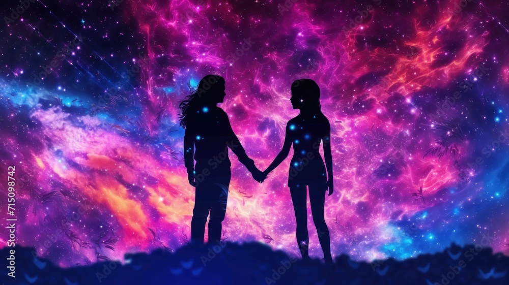 Silhouetted figures against a cosmic background, holding hands. Fantasy illustration in purple and blue colors. Concept of connection with universe. Ideal for themes of unity, exploration