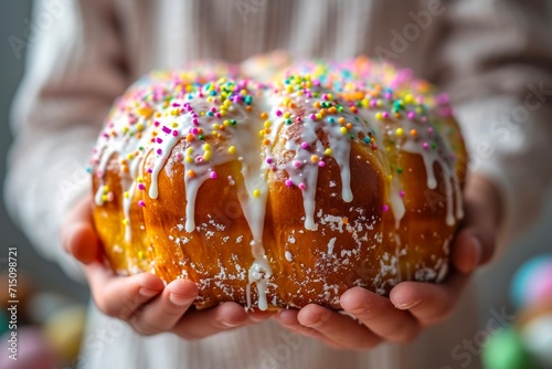 Kid holding in hands Easter cake Kulich decorated with dripping icing and colored sprinkles. Blurred background. Ideal for bakery ads, holiday Easter content, or recipe blogs.