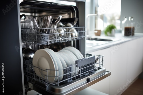  a dishwasher with dishes in it is open in a kitchen with white cabinets and a counter with white counter tops.