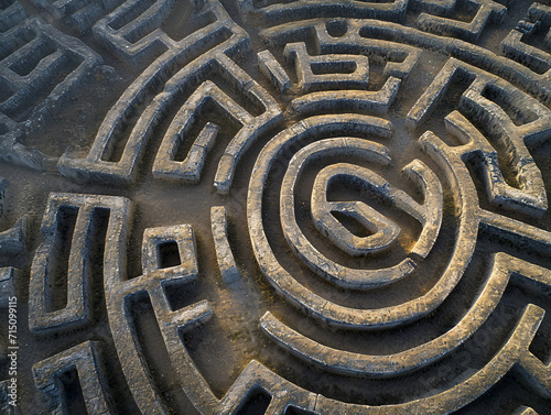 Aerial view of stone maze. Labyrinth design from above for concept on complexity and problem-solving.
