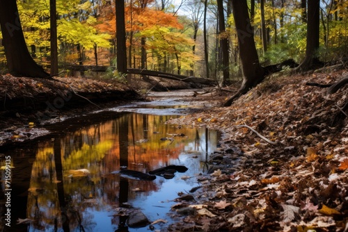  a stream running through a forest with lots of leaves on the ground and trees with orange and yellow leaves on the ground. © Nadia
