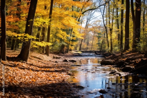  a stream running through a forest filled with lots of yellow and orange leaves on top of leaves on the ground.