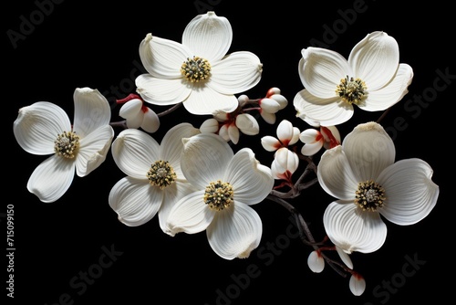  a group of white flowers sitting next to each other on a black surface with one flower in the middle of the picture.