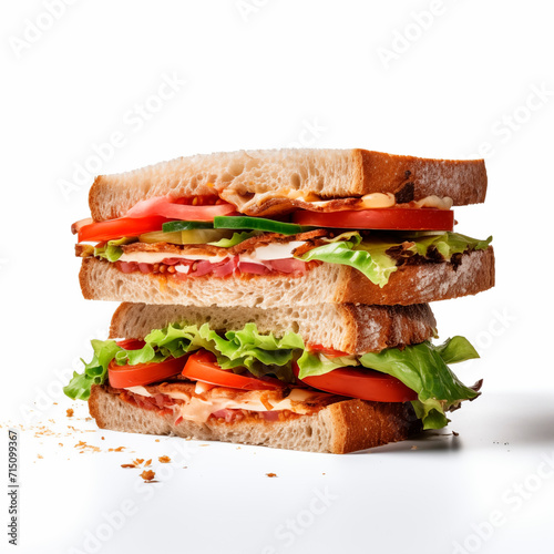 sandwich on Rye bread with ham, tomatoes, cheese and vegetables on white background.