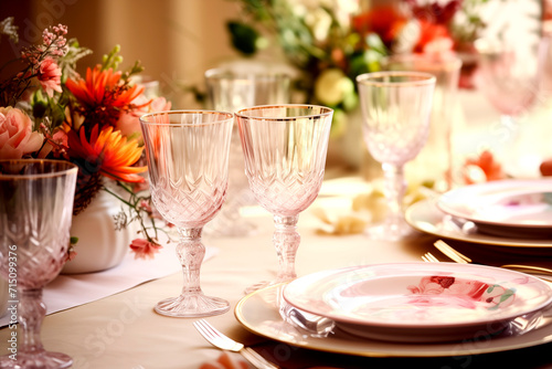 Pastel dinner table setup with spring flowers. Pink colors. Festive dinner.