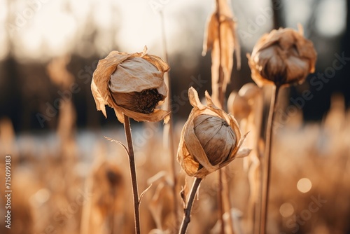  a close up of a dead flower in a field of grass with a blurry background of trees and a body of water in the distance. photo