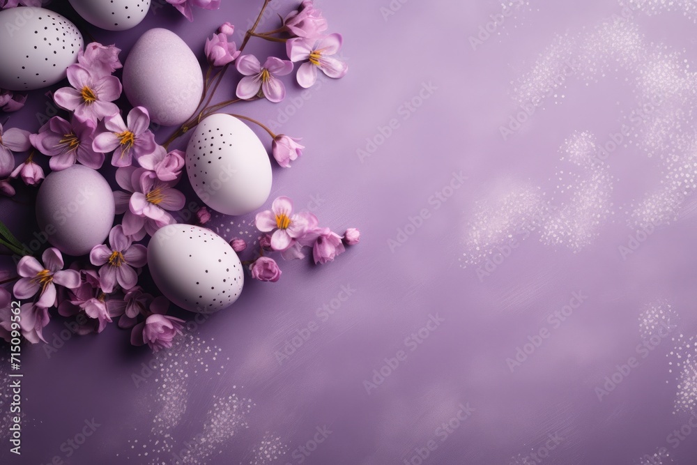  a bunch of eggs sitting on top of a table next to a bunch of flowers on top of a purple surface.