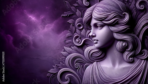 Capturing the essence of empowerment, this image features a relief figure of a woman set against a backdrop adorned with captivating purple hues. photo