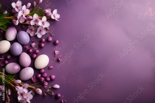  a bunch of eggs sitting on top of a table next to a bunch of purple and white flowers on a purple background.