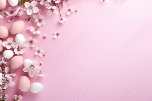  an overhead view of a pink background with eggs and flowers on the left side of the image and a pink background with eggs and flowers on the right side.