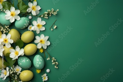  a bunch of eggs sitting on top of a table next to a bunch of white flowers and a green background.