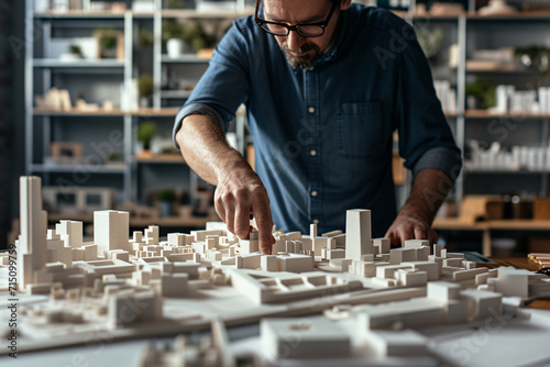 Urban planner designing miniature city model. Conceptual urban development and architecture planning in studio environment. 