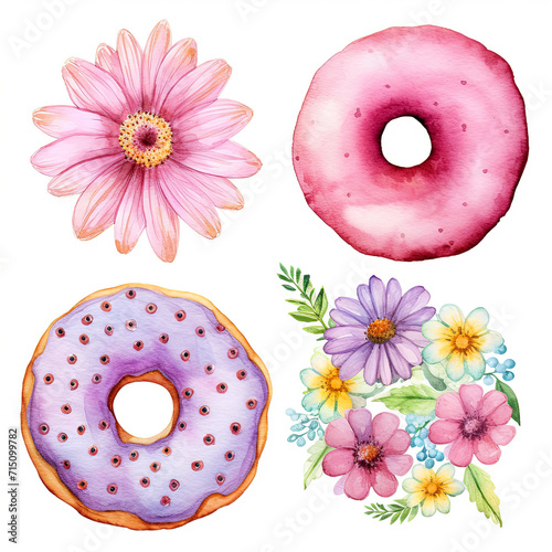 Watercolor flower and Delicious glazed donut with cream on a white background.