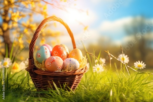  a wicker basket filled with painted eggs in a field of grass and daisies with the sun shining in the background.