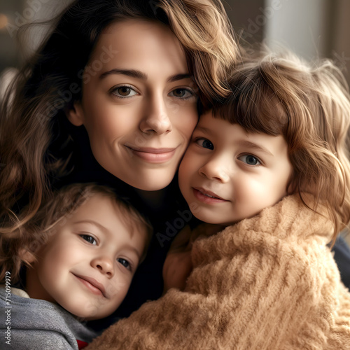 Portrait of a young woman hugging her two children. mother's day portrait 