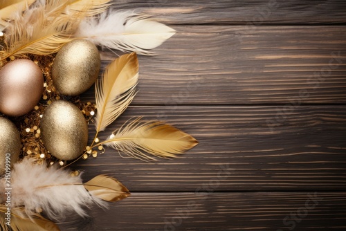  a bunch of golden eggs and feathers on a wooden background with a place for a text or an image to put on a card or brochure.